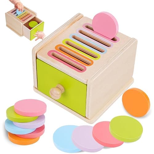 FCSONU Toddlers Montessori Coin Box Toys for 1 2 3 Year Old Boys Girls Baby | Wooden Baby Toys|Fine Motor Skills Toys, Kids Learning Color Sorting & Stacking Sensory Toys, Easter Christmas Birthday Gifts - Image 1