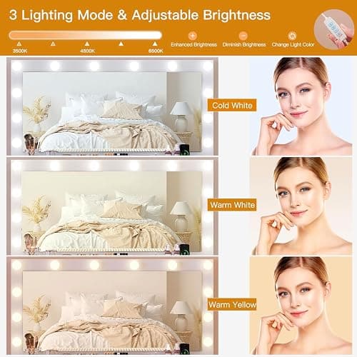 Quimoo Vanity Desk with Glass Top & Large Lights Mirror, 3 Adjustable Lighting Color, 44" Makeup Vanity Desk with 9 Drawers and 12 LED Lights, Vanity Table, Dressing Table for Bedroom(White) thumbnail 6