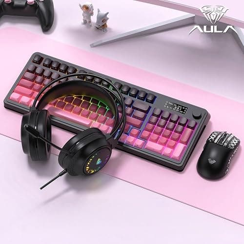 AULA S99 Pro Keyboard, Wireless Keyboards with Media Knob Custom RGB Backlit, 3-Modes BT/2.4G/USB-C Membrane Gaming Creamy Keyboard for Windows/MAC/PC Gamer - Black Pink thumbnail 5