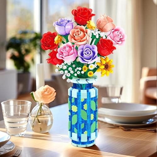 CUBIMANA Roses Flowers Building Set with Vase & LED Light, Mother's Day 16 Mini Flowers Bouquet Botanical Building Blocks Toy, Birthday Gifts for Adults, Artificial Flowers for Home Decor & Display thumbnail 3
