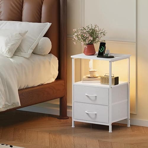 Somdot White Nightstand with Charging Station and LED Light for Bedroom, 2 Drawers Dresser with Fabric Bins for Bedside Kids Dorm Room Closet Laundry Entryway, White Leather thumbnail 2