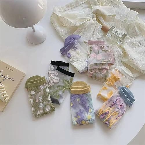 Ballballu Vintage Sheer Socks,Summer Transparent Flower Ankle, Thin Mesh Lace Elastic Jacquard Glass Silk thumbnail 4