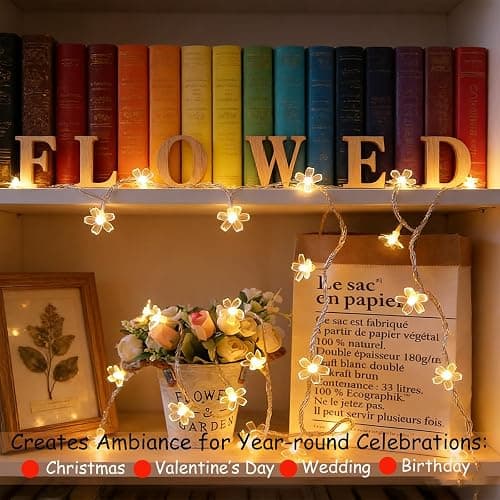 Decorative 100 LED Warm White Cute Cherry Blossom Flower Fairy Light String | 33ft Plug in Yellow Floral Lamp for Bedroom, Wall, Window, Garden, Christmas, Wedding Party, Birthday Banner Hanging Decor thumbnail 2