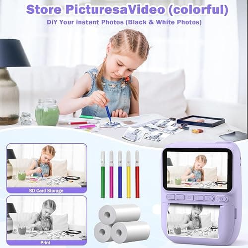 Kids Camera Instant Print, Holiday Birthday Easter Gifts for Girls and Boys 5-7,Video Digital Kid Photo Camera with 3 Rolls Print Paper, Toddler Toys for 3-12 Years Old (Purple) thumbnail 6