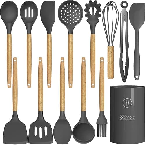 Silicone Cooking Utensils Kitchen Utensil Set - 446°F Heat Resistant Silicone Kitchen Utensils Set, Spatula,Turner Tongs, Spoon, Brush, Whisk,Kitchen Gadgets for Nonstick Cookware, BPA Free (Gray) - Image 1