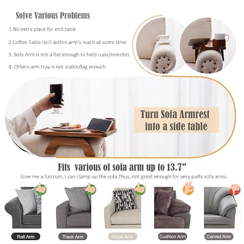 Nnewvante Couch Cup Holder Tray, 3 in 1 Large 15.36"x9.85" Acacia Wood Sofa Arm Clip on Tray Table with 360°Rotated Phone Holder on Armrest thumbnail 4