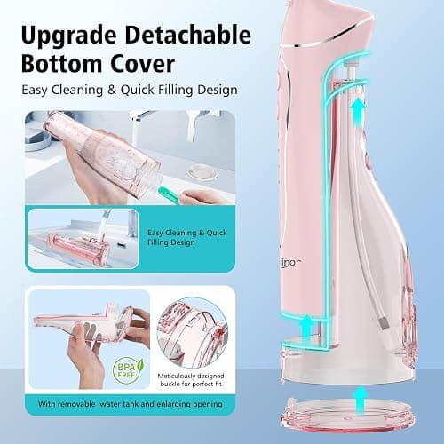Leominor Water Flosser Pick for Teeth, 300ML Portable Oral Irrigator Upgraded Tank Removable,IPX7 Waterproof, Rechargeable Travel Teeth Cleaner, Professional Electric Flossing Machine (Pink) thumbnail 7