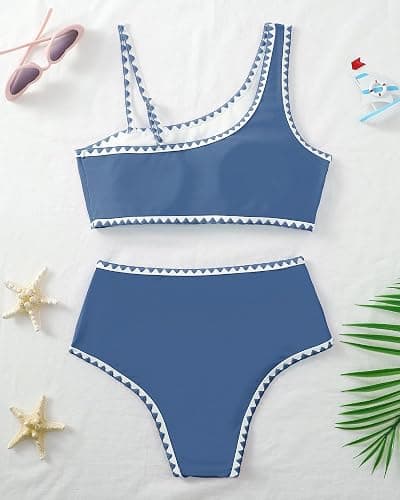 Sewetier Girls Swimsuit 2 Piece Bikini Set Contrast Trim Bathing Suit Padded Solid Color Swimwear with Adjustable Strap 7-16Y thumbnail 4