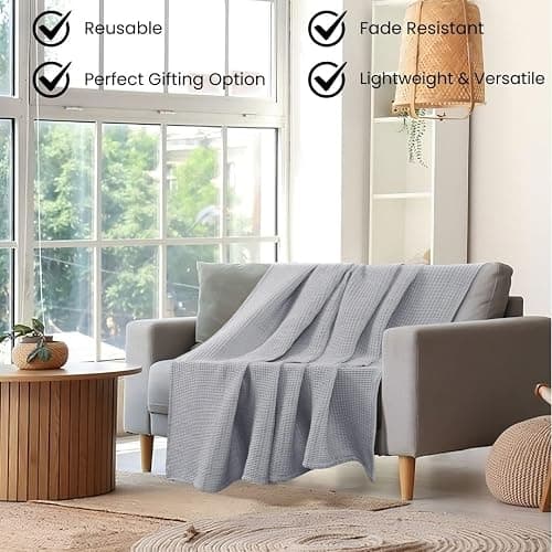 DESTIN HOME Waffle Blanket Prewashed 100% Combed Cotton - Soft Breathable Lightweight All-Season Blanket, Perfect for Bed, Couch, or Layering - Cozy 90x90 Inch Queen Thermal Throw Blanket Light Grey - Light Grey - Queen (90" x 90") thumbnail 5
