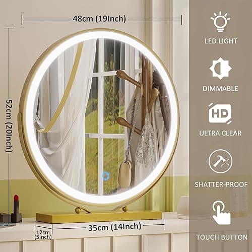 ZKIODV Vanity Mirror with Lights, Round LED Makeup Mirror, 20” Large Desk Mirror with 3 Color Modes & Adjustable Brightness, 360°Rotation, Circle Light Up Cosmetic Mirror for Dresser Tabletop (Gold) - Round Gold thumbnail 2