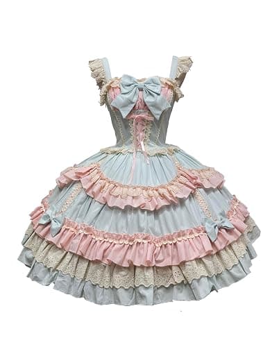 Smiling Angel Sweet Lolita Dress Pink Layered Ruffle Dress with White Lace Trim and Bows Cosplay Costumes - Image 1