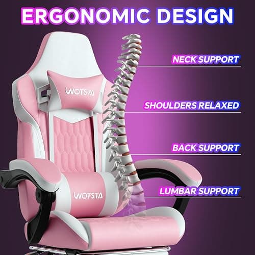 WOTSTA Gaming Chair with Footrest, High Back Gaming Chairs PVC Leather Ergonomic Gamer Chair with Adjustable Headrest Lumbar Support Racing Style Video Gaming Chair for Office/Home (Pink) thumbnail 5