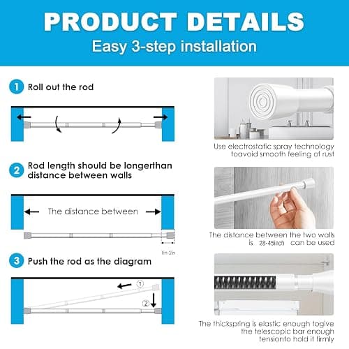 Zipglo 2 Pack Spring Tension Rods 28-45 Inches, 5/8 Inch Diameter White No Drill Spring Loaded Adjustable Extendable, Small Short Tension Curtain Rod for Windows Kitchen Doorway Closet Cupboard thumbnail 8