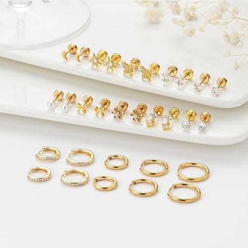 14K Gold Plated Earrings Set for Women | Small Hoop & Stud Earrings for Sensitive Ears | Stackable Flat Back Jewelry for Multiple Piercings | Dangle & Huggie Earring Gift Set thumbnail 7