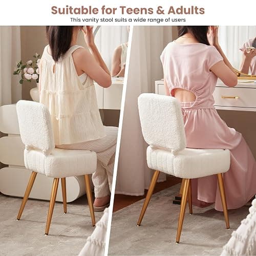 ZYKZYK Updated Vanity Chair, Storage Ottoman with Folding Back & Gold-Toned Metal Legs, Ottoman Seat with Teddy Velvet for Dressing Room Living Room Bedroom, 16" x 12.5" Inch thumbnail 6