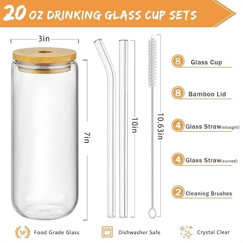 SENTVEND 20 Oz Drinking Glasses with Bamboo Lids and Glass Straw - 8 Pcs Glass Cups Beer Ice Coffee Glasses Cute Aesthetic Cup Great for Coffee Bar Accessories Include 2 Cleaning Brushes thumbnail 3