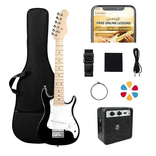 GOLDRIFF 30in Kids Electric Guitar Starter Kit for Beginners, Mini Electric Guitar with 5W Amp, Gig Bag, Strap, Extra Strings, Cable, 6 Picks, Clean Cloth and Free Online Lessons (Black) - Image 1