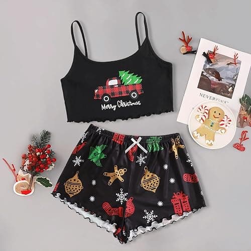 LOTUSTAR Christmas Pjs for Women Crop Tops Pj Set with Shorts Round Neck Camisole Cute Pajama Sets Halter thumbnail 4