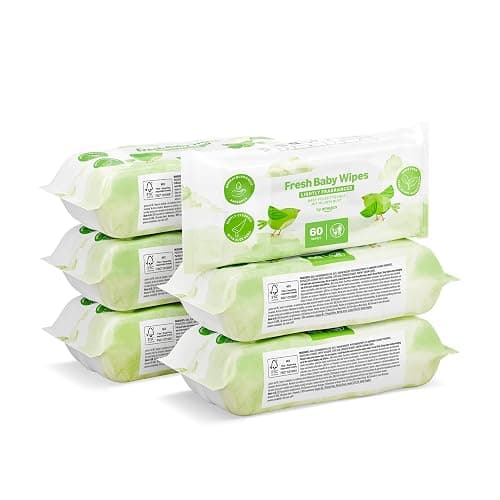 by Amazon Fresh Baby Wipes, 360 Wipes, 6 Pack of 60, Plant-Based Wipes Without Plastic - Image 1