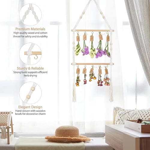 OtGalk 2-Tier Hanging Herb Drying Rack – Includes 30 Brown Gift Tags & 32ft Natural Jute Twine – Handwoven Boho Style Plant Hanger for Drying Herbs, Flowers, Sage – 37" Tall, Home Décor & Gift Idea thumbnail 4