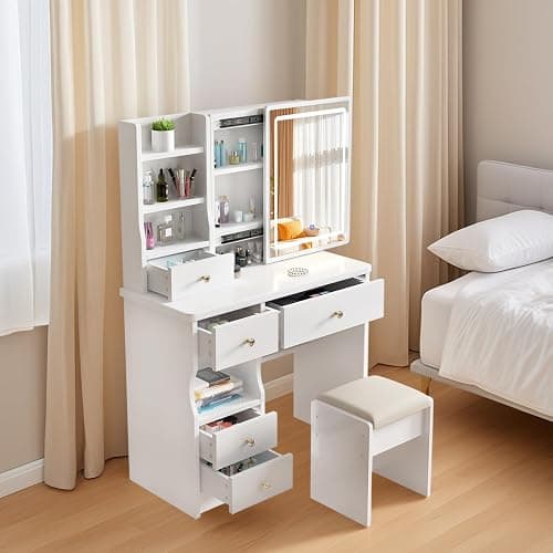 Vanity Desk Makeup Vanity Desk with Sliding Mirror and Lights, Makeup Vanity Set with Drawers, Stool and Open Shelves, 3 Color Lighting Modes Brightness Adjustable Dressing Table for Bedroom (Model 2) thumbnail 5