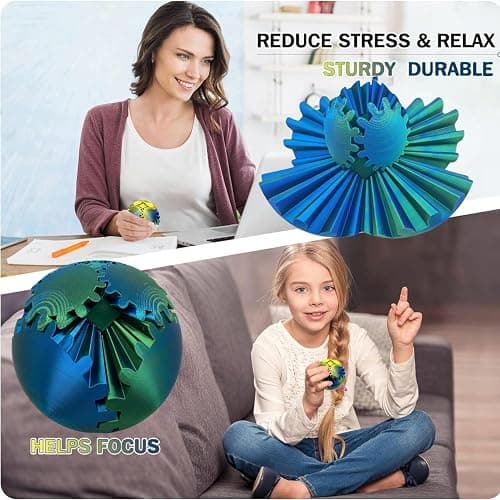 Gear Ball, 4.2in 3D Printed Gear Ball Spin Ball Cube Fidget Toys, Gear Sphere, Gear Ball Fidget Toy, Stress Ball, GearSphere Desk Toy, Fidget Balls, Gear Toy for Anxiety Relaxing (Laser Green Blue) thumbnail 4