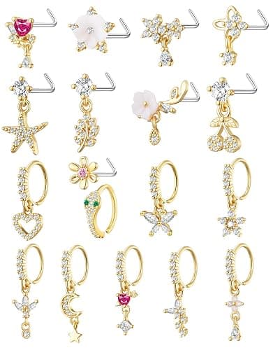 TAMHOO 18Pcs Nose Rings - L Shape, Butterfly & Heart Designs - Gold Nose Studs for Women - Image 1