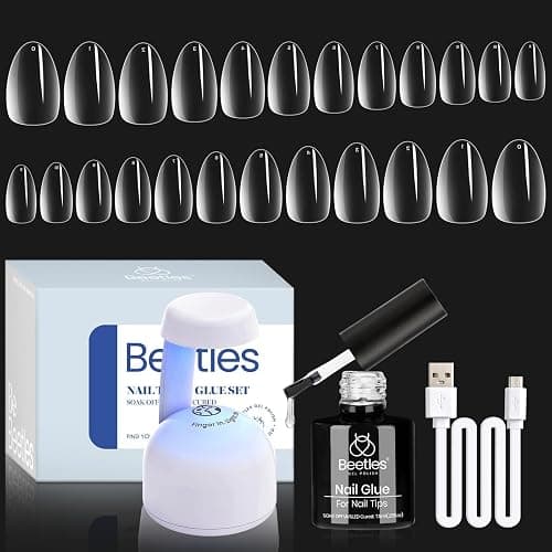 Beetles Gel Nail Kit Almond Short, 500Pcs Pre Shaped Clear Extra Short Almond Gel Nail Tips Easy Nail Extension Set with 5 in 1 Multifunctional Nail Glue Base Uv Led Nail Lamp Nail Art Gifts for Women - Image 1