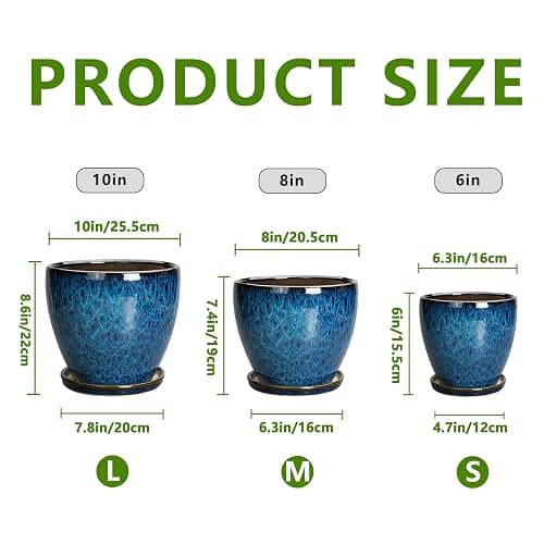 EPFamily Plant Pots Indoor, Ceramic Planters Pots with Drainage Holes and Saucers, 10+8+6 Inch, Set of 3, Round Large Flower Pots for Indoor Outdoor Plants, Blue thumbnail 3