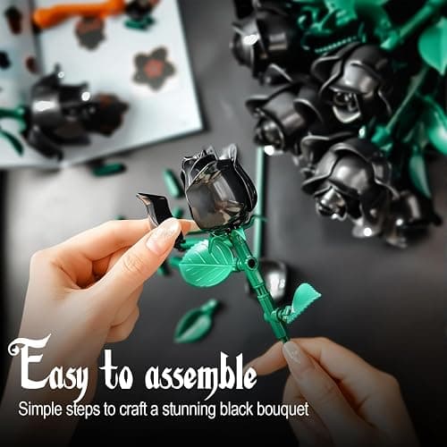 Black Roses Flower Building Set-12Pack, Compatible with Lego Bouquet for Adults,Gothic Horror Flowers Botanical, Gift for Halloween & Valentines Compatible with Lego Roses(585pcs) thumbnail 4