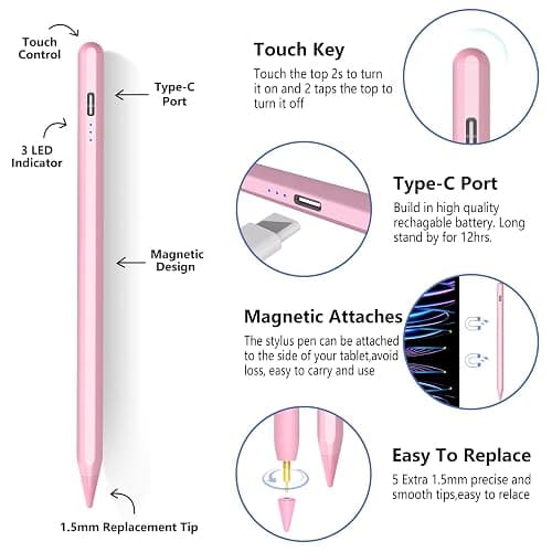Stylus Pen for iPad 2018-2025 with Palm Rejection,Faster Charge,Tilt Sensitivity iPad Pencil Compatible with A16/10th/9th/8th/7th/6th,Pro 11/13inch (M4),Air M3/M2/5th/4th,Pro 11/12.9in,Mini 6/5 (Pink) thumbnail 5