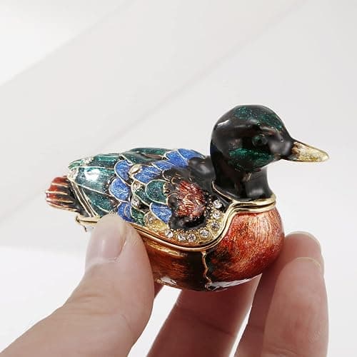 Hand Painted Enamel Duck Trinket Box for Home Decor, Hinged Jewelry Organizer for Ring Earrings, Unique Figurine Keepsake Collectible Personalized Elegant Handmade Ornament Gifts (Green Duck) thumbnail 5