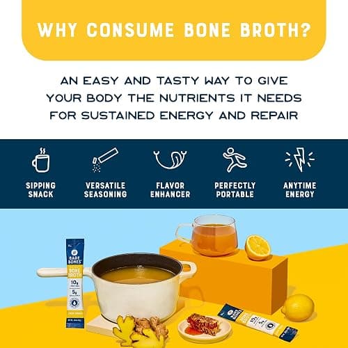 Bare Bones Bone Broth Instant Powdered Mix, Lemon Ginger, Pack of 8, 15g Sticks, 10g Protein, Keto & Paleo Friendly Bone Broth Packets thumbnail 3