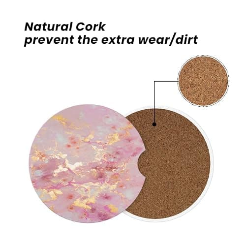 Car Coaster for Cup Holders, 2 Pack Absorbent Ceramic Car Cup Holder Coaster, Cute Auto Assecories for Women Men, Universal Size 2.56 in with Finger Notch & Cork Base, Gold Pink Marble thumbnail 6