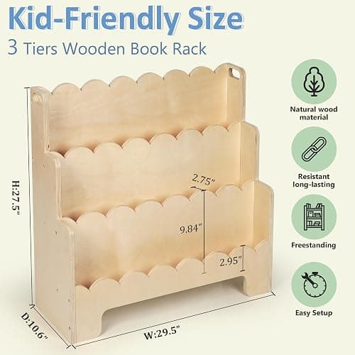 Tohiasen Kids Bookshelf Wooden 3-Tier, Scalloped Book Shelf for Kids Rooms, Front Facing Toddler Montessori Bookshelf, Baby Nursery Book Shelves Kids Classroom Bookshelf Bookcase thumbnail 2