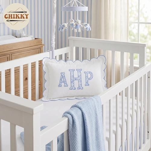 Chikky Personalized Embroidered Pillowcase - Custom Monogrammed Pillow Cover with Scalloped Edge, Ruffle Trim for Nursery Decor, New Home, Housewarming - New Mom, Toddler, Baby Gift Ideas, 02 thumbnail 6