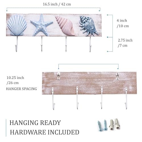 TideAndTales Beach Decor Seashell Wall Hooks Towel Rack for Bathroom, Bedroom or Kitchen | 4 Strong Hooks | Ocean Theme Beach House Decor thumbnail 3