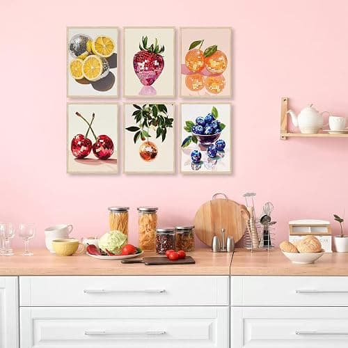 6Pcs Disco Fruit Wall Art funky fruit wall decor pictures Kitchen Poster Preppy Trendy Prints Strawberry lemon cherry Painting Artwork for Living Room Bathroom Girls Room Decoration 8x10in - Poster - 10L"x8W" thumbnail 6