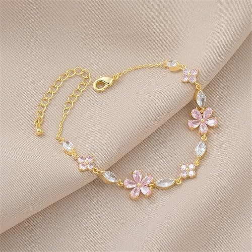 Pink Crystal Cherry Blossom Flower Chain Link Bracelet For Women Gold Silver Plated Fashion Cute Delicate CZ Petal Floral Sakura Bangle Bracelets Adjustable Sweet Dainty Fine Jewelry Gifts For Her thumbnail 2