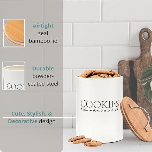 D'Lifeful Cookie Jar with Airtight Bamboo Lid – 1.1 Gallon Cute and Decorative Cookie Storage for Kitchen Countertop – Farmhouse Storage Tin for Freshness – Great Gift Idea (Off White) thumbnail 4