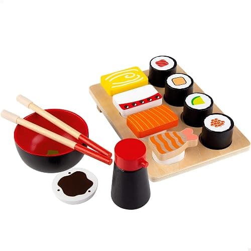 WOOMAX Sushi Cibo in legno, Giocattoli alimentari, vassoio per pasti per bambini, 14 pezzi, +2 anni, 49336 - Image 1