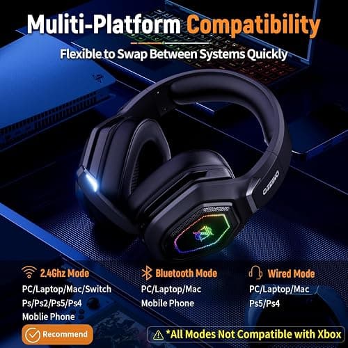 Ozeino Wireless Gaming Headset with Flip Microphone, RGB Lighting Gaming Headphones for PS5, PS4, PC - 2.4GHz USB & Type C Transmitter thumbnail 5
