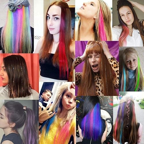 KGBFASS 32Packs Colored Hair Extensions 20Inch Straight Color Clip in on Hair Extension Rainbow Party Highlights Synthetic Hairpiece for Girls (16 colors) - Rainbow color-32Pcs thumbnail 9