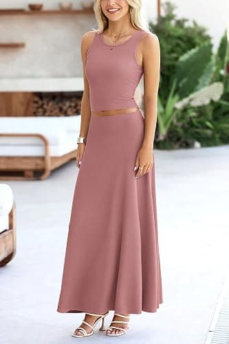 PRETTYGARDEN Women's 2 Piece Maxi Skirt Sets Casual Summer Knit Cropped Tank Top High Waisted Long Skirts Outfit thumbnail 4