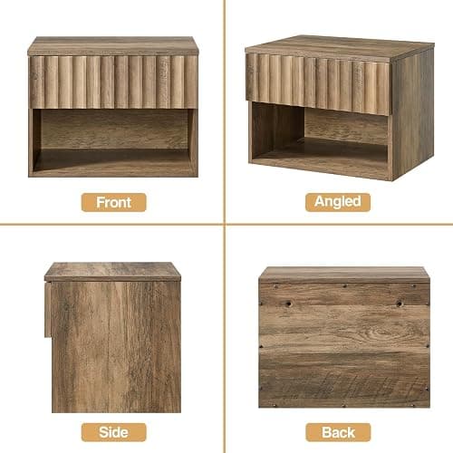 BuildHom Floating Nightstand with Fluted Drawer - Modern Wall Mounted Bedside Table with Open Storage Shelf, Small Night Stand TV Stand for Bedroom(Rustic Brown, Set of 2) thumbnail 8