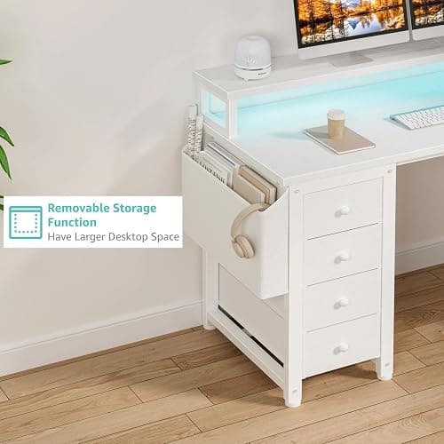 Lufeiya L Shaped Desk with Led Lights and Power Outlets, 47 Inch Writing Study Computer Gaming Desks with Fabric Drawers for Bedroom, Home Office Corner Desk with Monitor Stand Shelves, White thumbnail 9