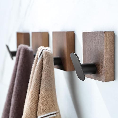 DELITON Adhesive Towel Hooks,Wall Hooks for bathrooms Without Drilling, Wood Wall Hooks for Hanging Robe, Towel, Bag Stick on Farmhouse Bathroom Bedroom Entryway 4 Packs Burned Brown - Image 1