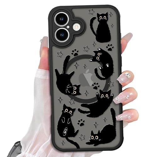 Heaofei Cute Magnetic Case for iPhone 16 Case [ Compatible with MagSafe ] with Black Cat Cats Pattern Design for Women Girls Boys, Soft Bumper Hard Back Kawaii Animal Protective Phone Cover - Image 1