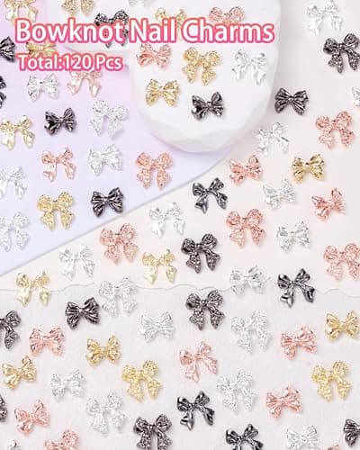 120 Pcs Alloy Bow Nail Charms and Gems, Silver Gold Black Bowknot Metal Nail Art Charms, Shiny Luxury Cute Bow Nail Jewelry for Nails Design Manicure Accessories thumbnail 2