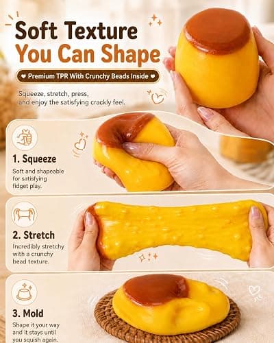 Caramel Pudding Squishy, Crunchy Stress Ball Food Toy Bead Filled Caramel Squeeze Moldable Slushy ASMR Realistic Handmade Non Rebound Sticky Silicone Dessert Party Favor(1pc) thumbnail 5